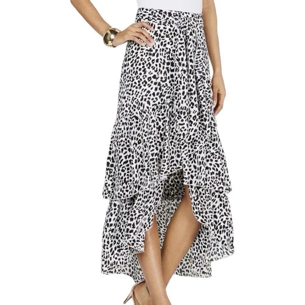 Thalia Sodi Sz XL Black White Leopard Print High Low Faux Wrap Ruffle Maxi Skirt